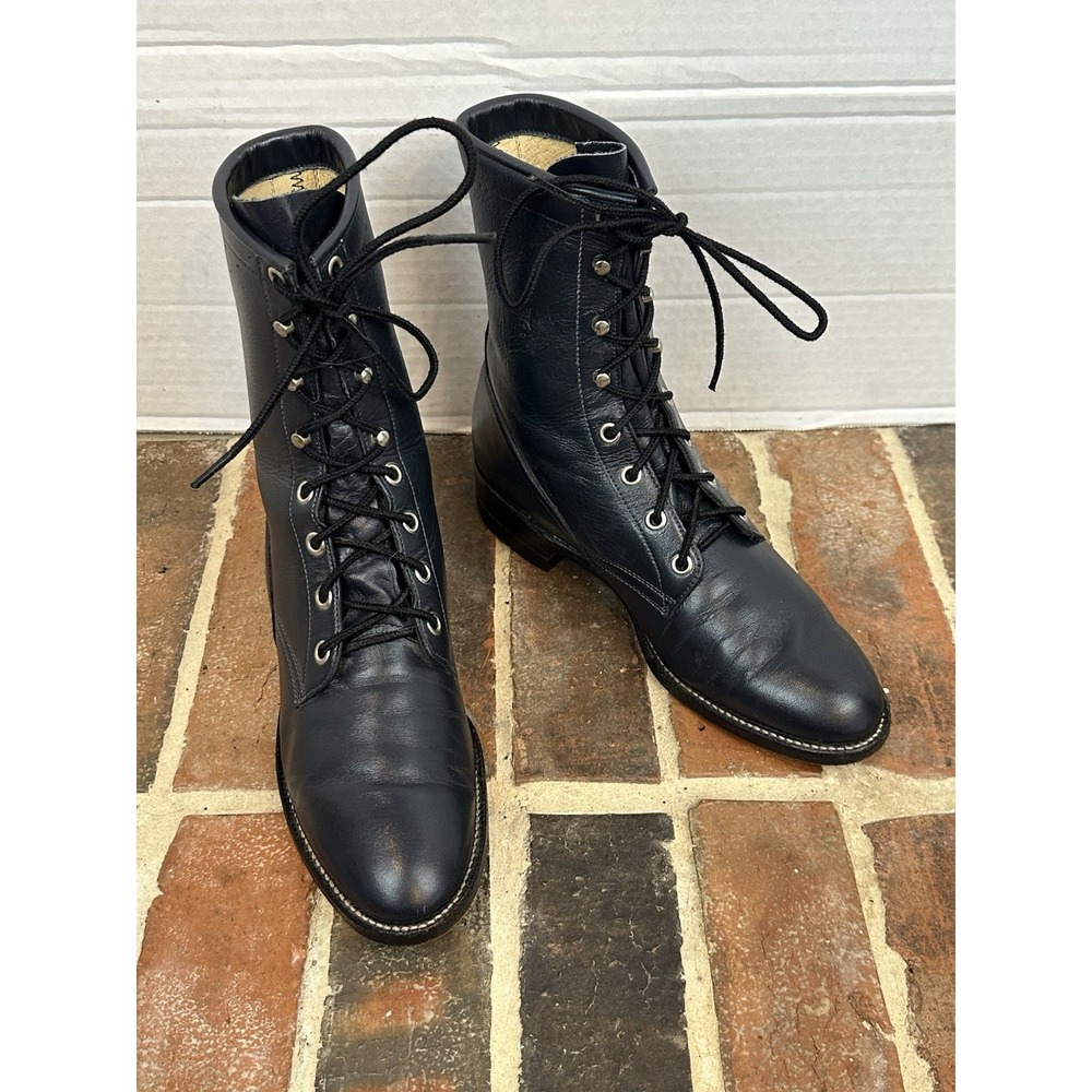 Vintage Justin Navy Blue Leather Ropers Lace Up Cowboy Boots Women's 7 B Western